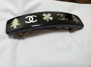 CHANEL Hair Barrette Vintage Black CC Logo Clover Tree Motif Rare Accessory - Picture 1 of 12
