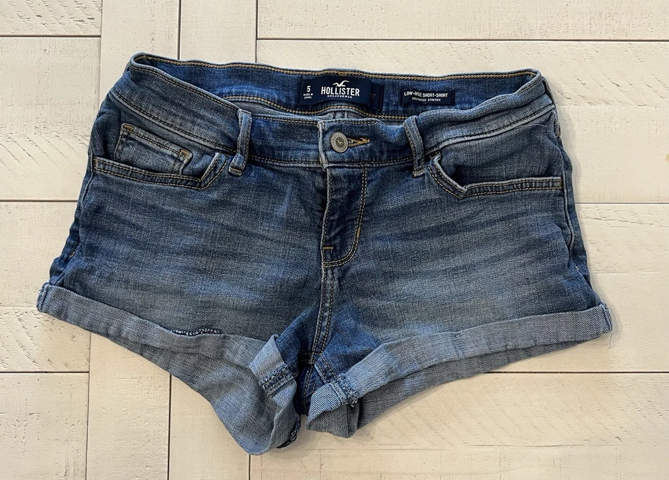Шорты для девочек Hollister California с низкой талией синие/джинсовые расширенные эластичные 5 - Изображение 1 из 4