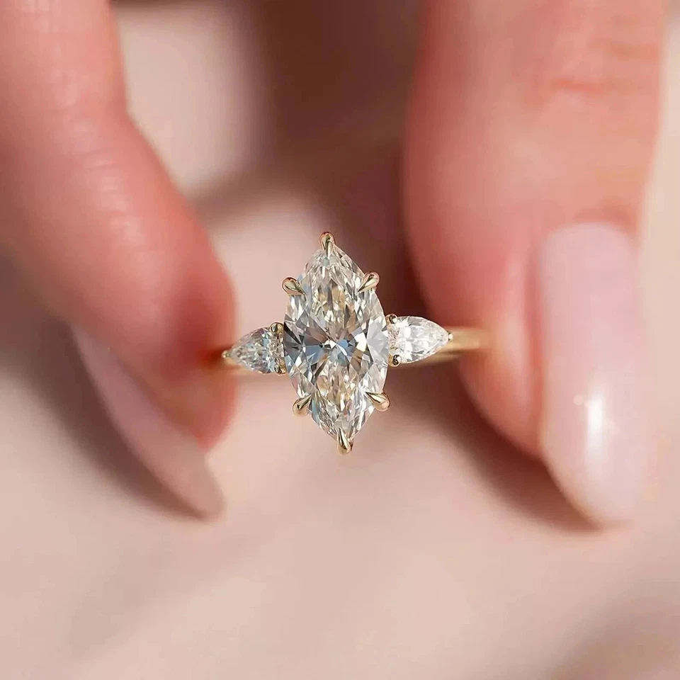 认证天然 2.0 克拉 VS Marquise 白色钻石 14K 黄金结婚戒指 — 第 1/4 张图片