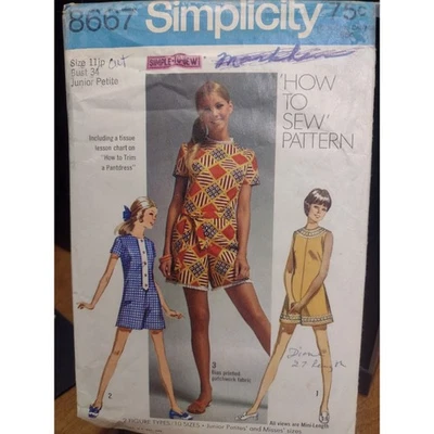 Vintage Simplicity Pattern 8667 Mini-Pantdress Junior Petites'/Misses' (1969) - Image 1 of 2