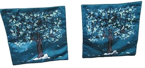 Dark Teal Blue Pillow Cover Decorative Tree Printed/Bird Square 15.5" x 15.5" - Afbeelding 1 van 5