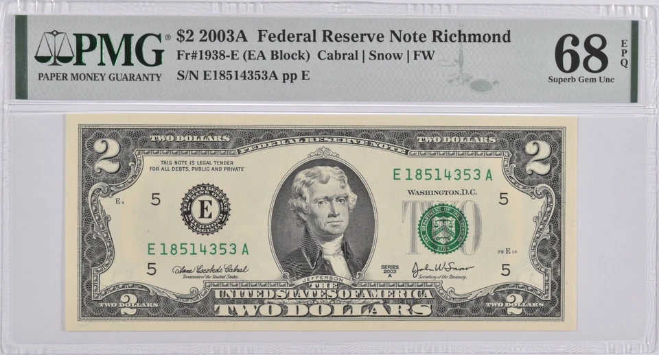 PMG Superb Gem Unc 68 EPQ $2 2003-A Richmond VA Federal Reserve Fr#1938-E *0233 - Image 1 of 3