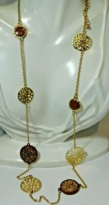 Nwt 'Courtney G 'lungo Oro Tonalità Marrone Smalto Filigrana Collana SP18 - Immagine 1 di 4