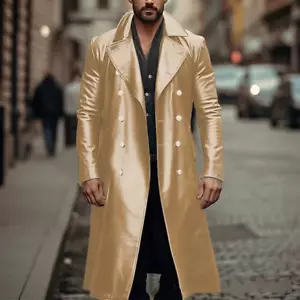 PU Leather Trench Coat Double Breasted Overcoat Retro Mens Long Sleeve Jackets - Picture 1 of 19