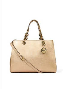 Michael Kors Cynthia Saffiano Leather Satchel Gold New - Picture 1 of 4