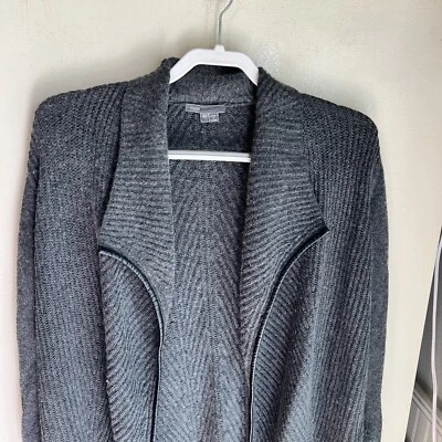 Cárdigan VINCE Mezcla Lana Cachemira Borde de Cuero Frente Abierto Suéter Talla XS Gris Foto 1 de 4