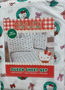 Hello Kitty Christmas Queen Sz Bed Sheet Set NEW 2024 SAME DAY SHIP Wreaths Bows - Picture 1 of 2