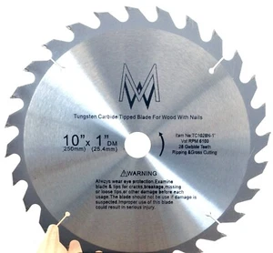 10" Inch 28 Tooth Carbide Circular Saw Blade for WOOD w/Nails 1" Arbor - Picture 1 of 2