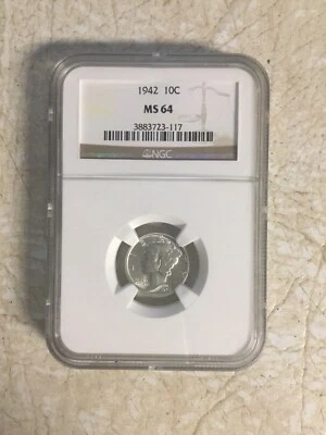1942P NGC  MS64 Mercury Dime 90% Silver 10c US Coin WW2 Coin Free Bonus Coin - Image 1 of 4