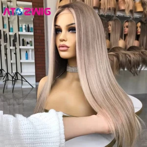 100% Human Hair Wig Ombre Brown Ash Blonde Highlights Lace Front Wigs Pre Pluck - Picture 1 of 9