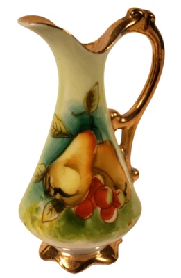 Miniature Victorian Pitcher Handled Gold Trim Cherry Pear Fruit 3"H x 1.5"W D1A# - Image 1 of 4
