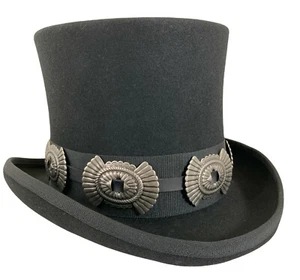 Black 100% Wool Felt Top Hat Concho Band Victorian Costume Slash Mad Hatter USA  - Picture 1 of 12