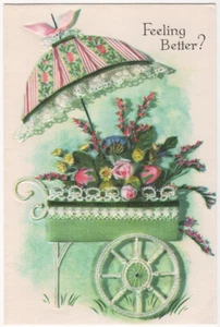 Paraguas vintage con carro de flores en relieve tarjeta de felicitación delantera e interior - Imagen 1 de 2