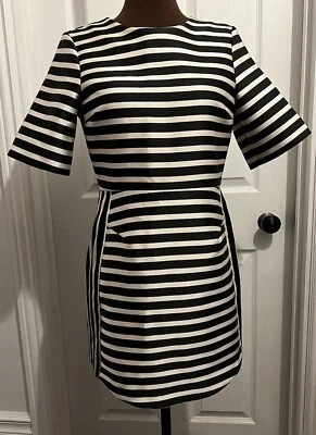 TOPSHOP satin structured black cream stripe shift mini dress 10 fitted party - Изображение 1 из 4