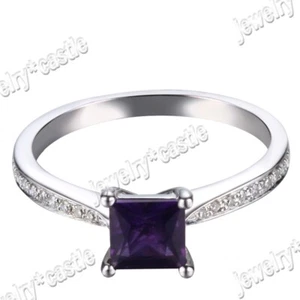 14K White Gold Natural Amethyst Halo Natural Diamond Wedding Ring Cushion 5x5mm - Picture 1 of 5