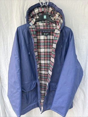 Trader Bay Jacket Mens Large Blue Rain Coat Flannel Lining With Hood And Pockets - Image 1 of 4