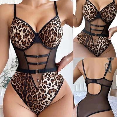 Mujeres Sexy Leopardo Lencería Prendas para dormir Babydoll Ropa interior Malla Tanga Body Foto 1 de 4