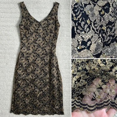 Mica Vintage Black Gold Metallic Lace Cocktail Dress Size 4 Sheath Party Evening - Image 1 of 4