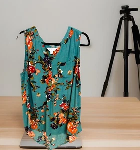 Market & Spruce Misses 1X Tunic Hi Lo Style Sleeveless Green Floral Boho - Picture 1 of 6