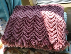 Crochet Afghan Chevron  Blanket Pink Magenta Fringed 66"x46'' - Picture 1 of 8