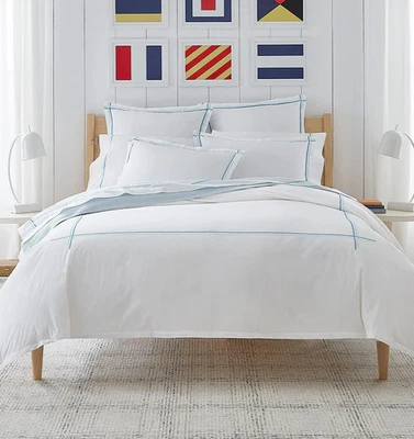 Sferra Tratto White Queen Duvet Double Blue Satin Stitch Embroidery Italy NEW - Image 1 of 4