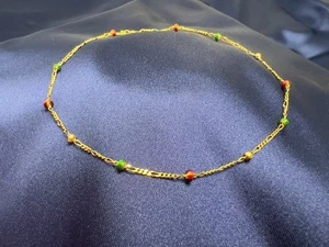14K Gold RCI Figaro Chain Bracelet 10" Red Green Beads 1.75g - Picture 1 of 7