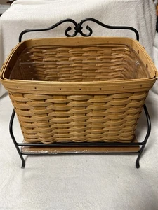 LONGABERGER NEWSPAPER MAGAZINE BASKET WITH WROUGHT IRON STAND LEATHER HANDLES - Picture 1 of 17