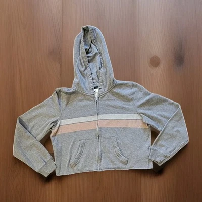 Sudadera con capucha Hollister para mujer talla L gris a rayas recortada cremallera completa  Foto 1 de 4