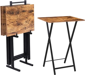 Folding TV Tray Tables, Set of 4 TV Trays with Storage Rack, Industrial Side Tab - Picture 1 of 12