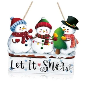 Let It Snow Wooden Hanging Sign, Three Snowman Wood Sign, Winter Welcome Door - Picture 1 of 8