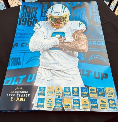 NEW 2023 LA Los Angeles Chargers DERWIN JAMES Schedule Poster training camp SGA Cover