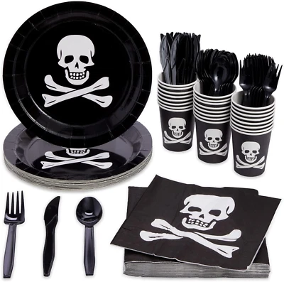 144 Piece Skull Birthday Party Supplies - Serves 24 Disposable Pirate Plates, Na - Image 1 of 4