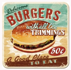 Posavasos retro de metal BURGERS 'A Good Place to Eat' 9cmx9cm base de corcho años 50 comedor - Imagen 1 de 2