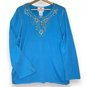 Quacker Factory Women’s L Sweater Tunic Blue Beaded 1/4 Zip NWT Embellished Boho - Picture 1 of 7