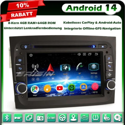 8-Kern 64GB Android 14 Autoradio Bluetooth CarPlay DAB+ GPS Navi für Fiat Doblo - Bild 1 von 4