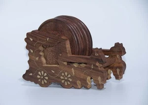 FREE SHIPPING AamiraA Handmade Wooden Round Coasters Horse Cart Holder (6 Pack) - Picture 1 of 7