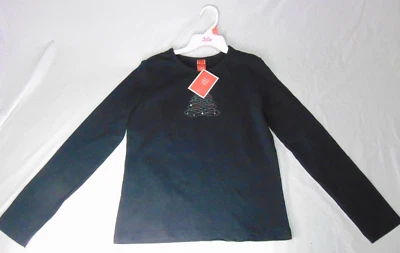 Black Long Sleeve Swirl Christmas Tree Shirt Rhinestones Girls Large 10/12 NEW - Image 1 of 4