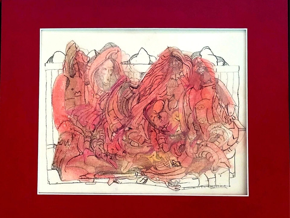 Pastel Surrealist Impressionist Fantasy Figurative Abstract drawing- Waiting - Image 1 of 1