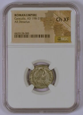 Imperio Romano AD 198-217 Plata AR Denario para Caracalla, NGC Calificado CH XF Foto 1 de 4