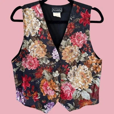Vintage 90s Anxiety Dark Floral Tapestry Vest Medium Whimsigoth Steampunk Grunge - Image 1 of 4
