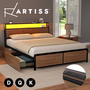 Artiss Metal Bed Frame Double Queen King with Drawers Charging Station & LED - Picture 1 of 15