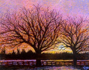 Sunset Trees  11x14 Framed Original Oil Painting on Acrylic Glass Colorful Monet - Picture 1 of 3