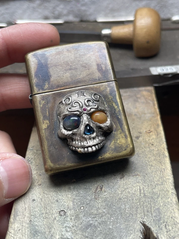 Japanese Themed Brass Zippo W/ Sterling Silver Skull & Blue Sapphire Opals Ruby - Image 1 of 4