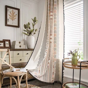 Boho Geometric Window Curtain Drapes Panel w/ Tassels Farmhouse Decor Rod Pocket - Picture 1 of 30