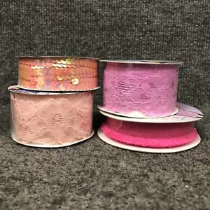 Lot Of 4 Vintage Spools Of Spring Colors Ribbon Sequins, Stretch Lace & Fringy - Picture 1 of 16