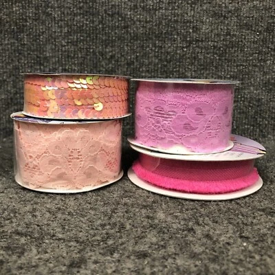 Lot Of 4 Vintage Spools Of Spring Colors Ribbon Sequins, Stretch Lace & Fringy - Image 1 of 4