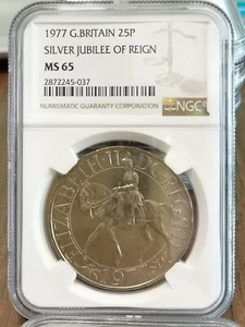 1977 Great Britain Elizabeth II 25 Pence Penny Silver Jubilee NGC MS 65 BU FDC - Picture 1 of 4