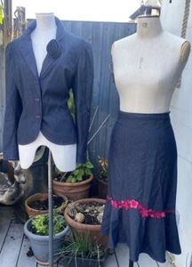 Y2K EDINA SIZE 16 STRETCH DENIM MIDI SKIRT BLAZER JACKET SUIT PINK FELT FLOWERS - Picture 1 of 24