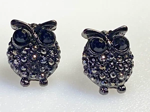 Avon Earrings Black Metal Agate Rhinestones Owls - Picture 1 of 6