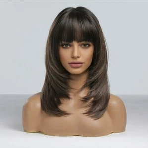 Wig - Human Hair Blend - Long Straight Layered Dark Brown Bangs Heat Resistant - Picture 1 of 5